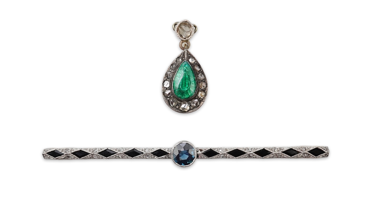 A sapphire bar brooch and an enamel and diamond pendant, early 20th century